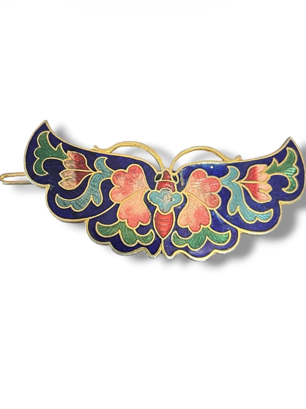 Vintage Enamel Cloisonné Butterfly Barrette Hair Clip Gold Tone
